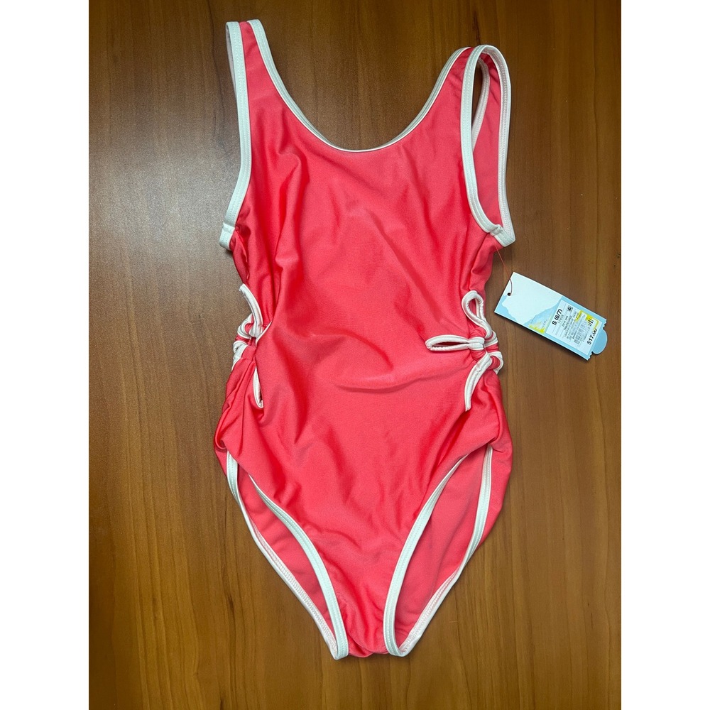 Cat & Jack Girls Coral Pink One Piece Swimsuit White Trim Cutouts Size 6/7 Small
